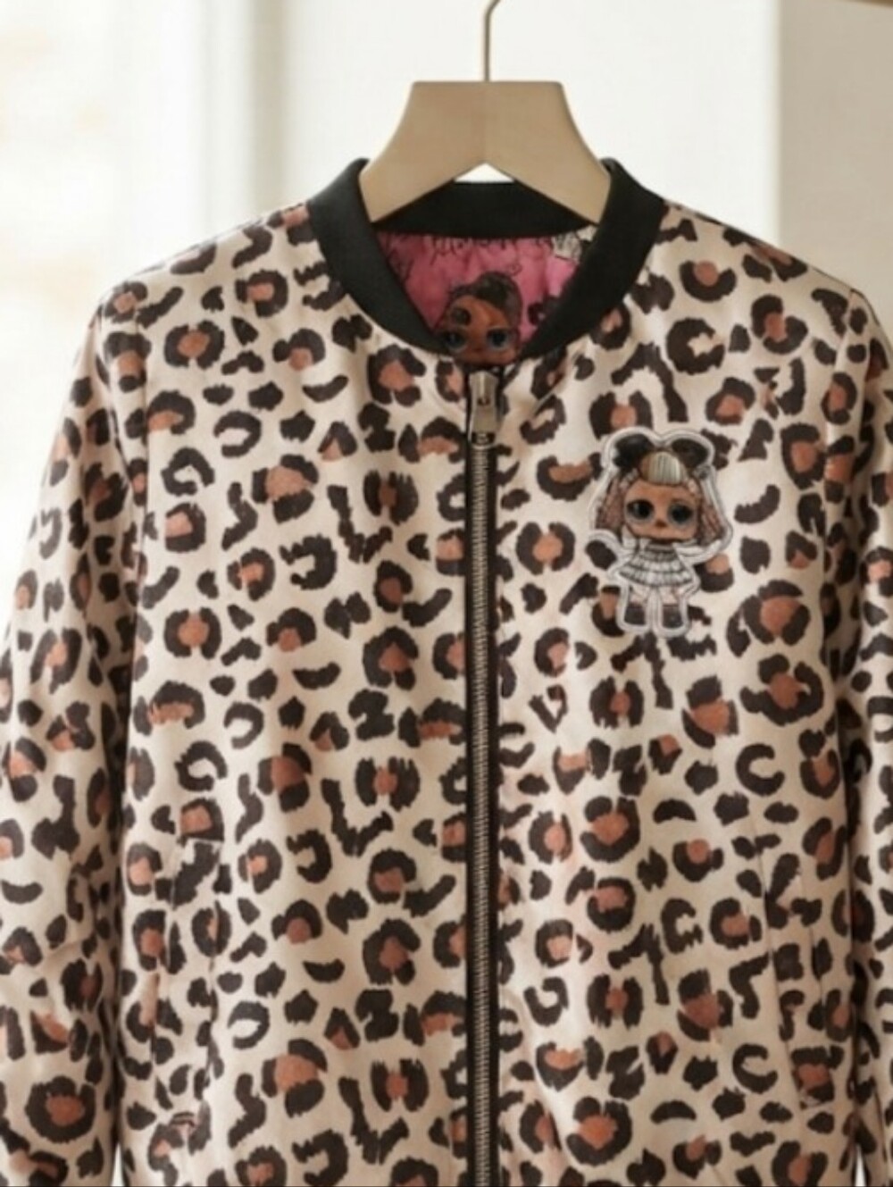 Leopard Print Bomber Jacket with Doll Patch